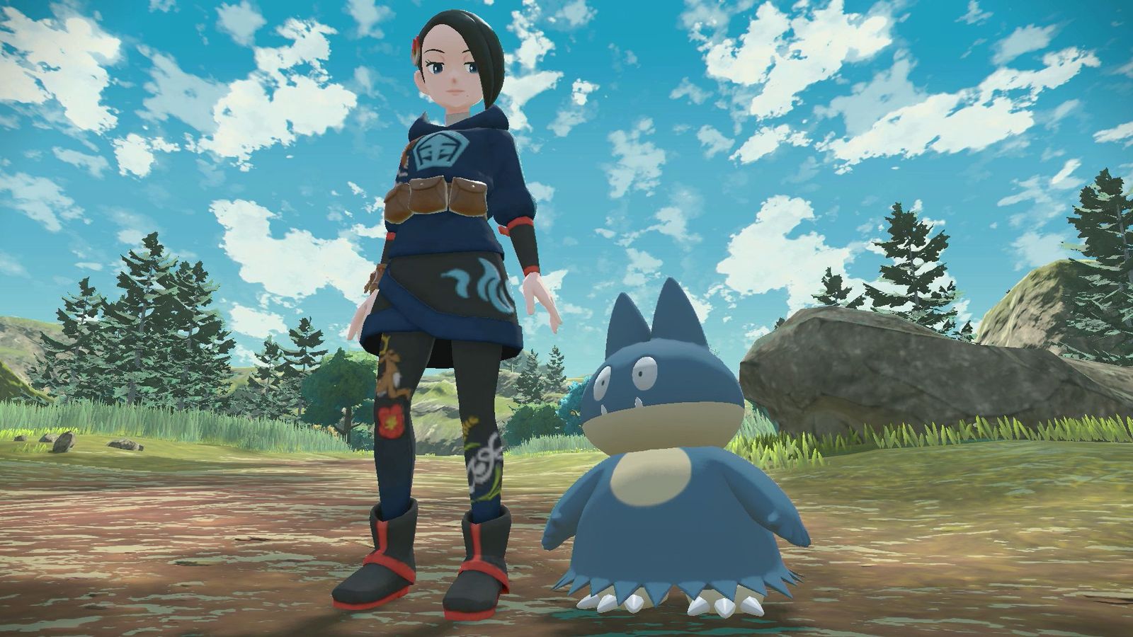 A Pokémon Warden stands in a field, looking down at her buddy Munchlax.
