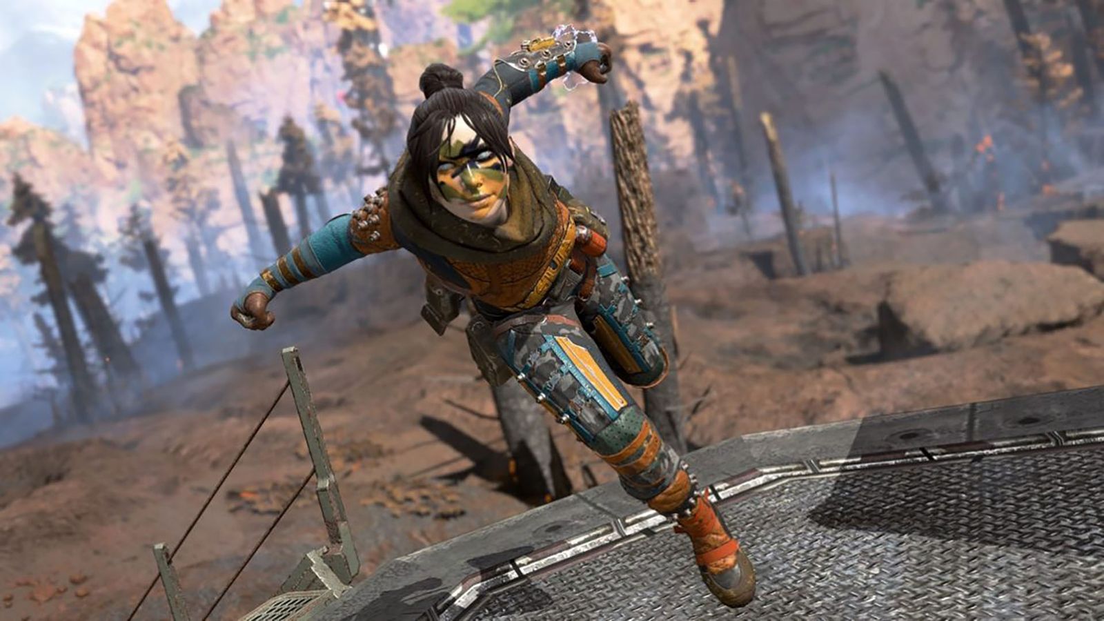 Screenshot of Apex Legends player running with arms pointing backwards across a metal platform