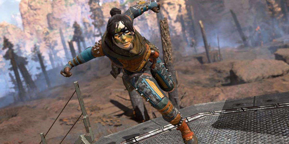 Screenshot of Apex Legends player running with arms pointing backwards across a metal platform