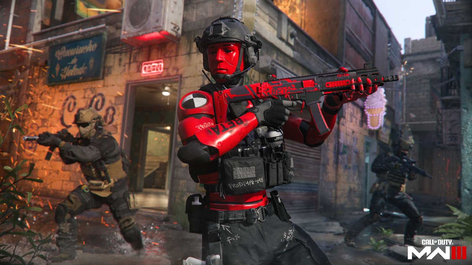 Modern Warfare 3 player wearing red Operator skin and carrying assault rifle