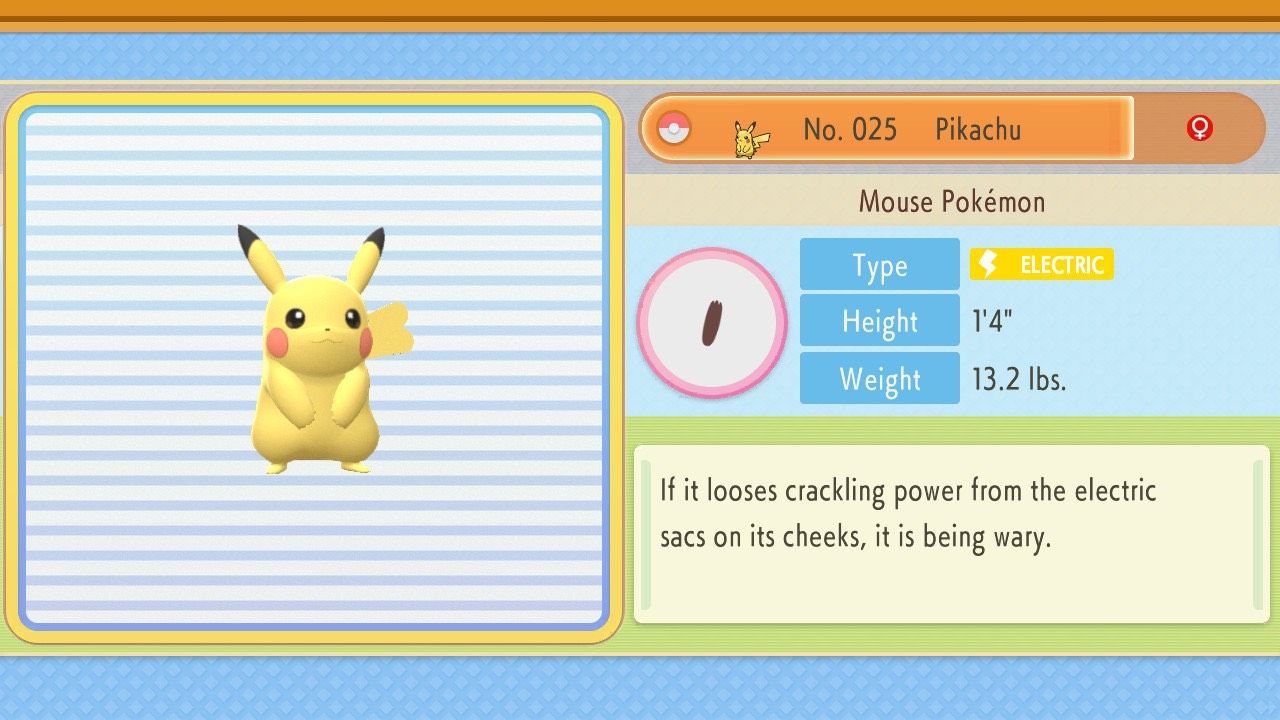 Pikachu's entry in the National Pokédex of Pokémon Brilliant Diamond and Shining Pearl.