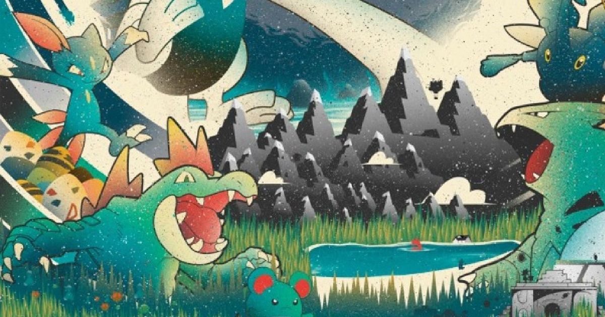 Pokémon artwork showing Johto pokemon in a lovely lake