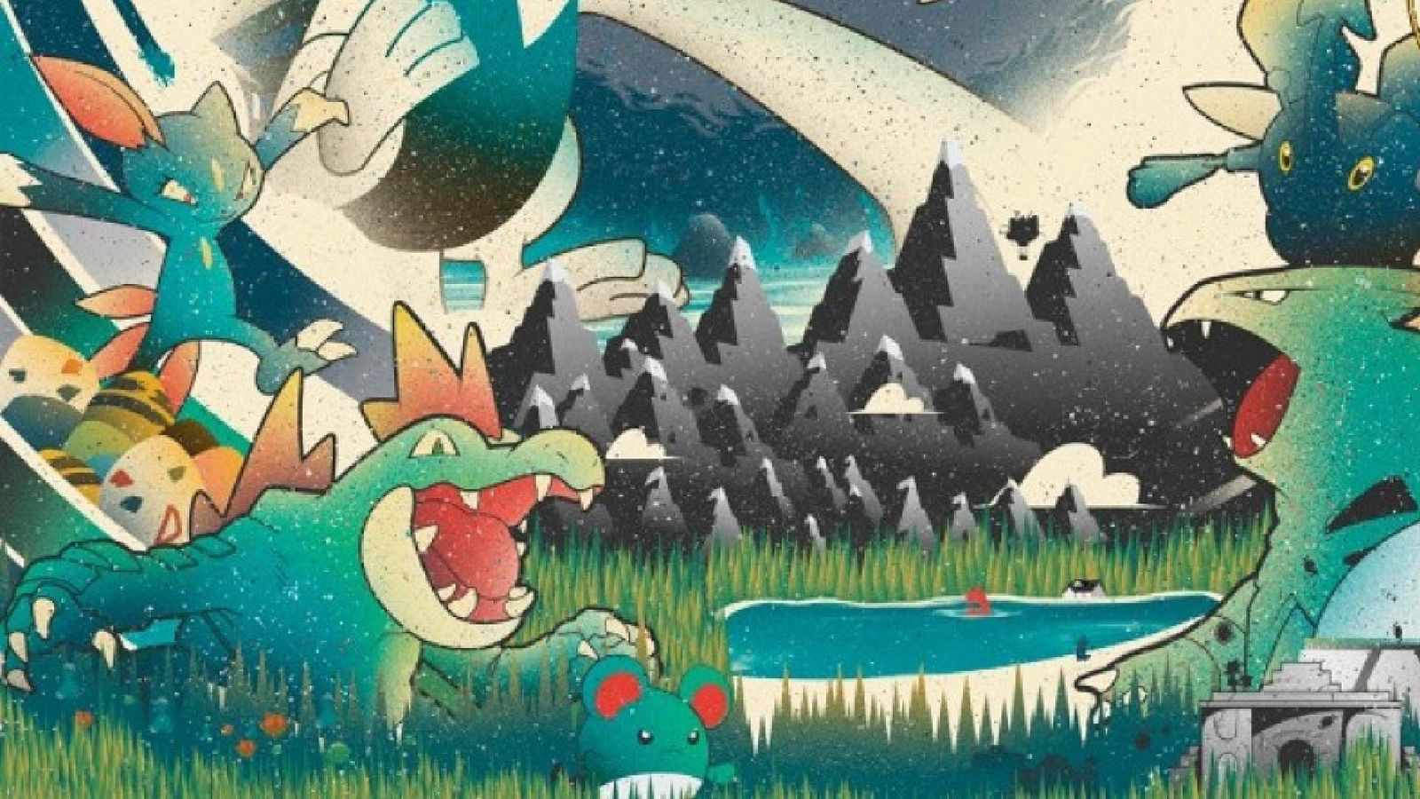 Pokémon artwork showing Johto pokemon in a lovely lake