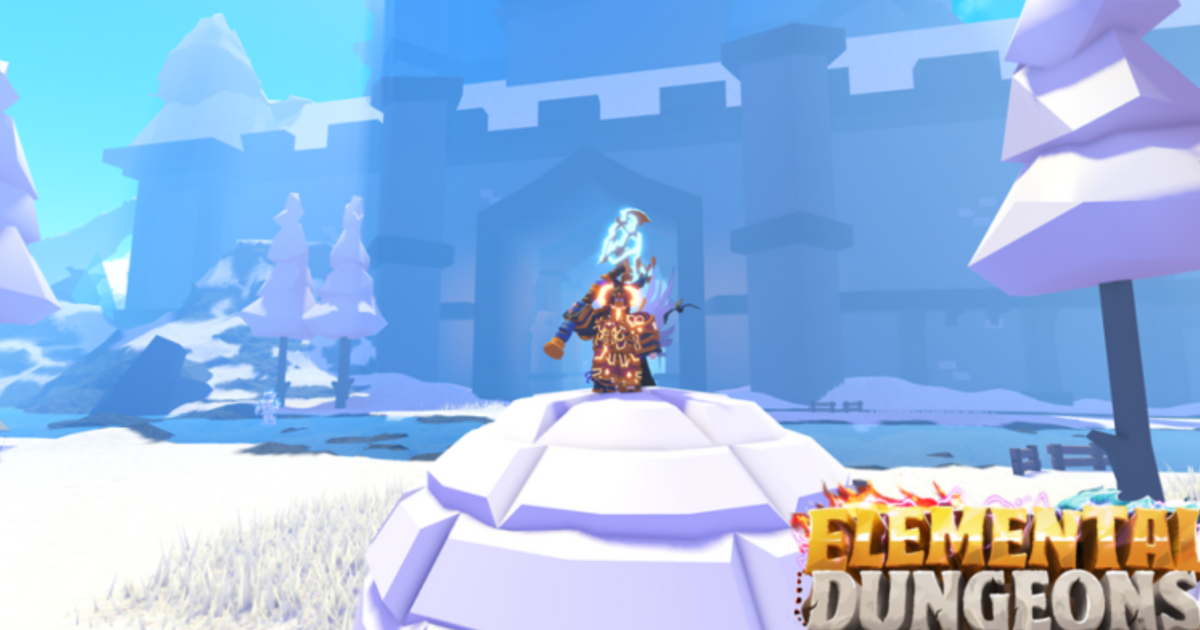 A Roblox character stood on a snowy mound in Elemental Dungeons.