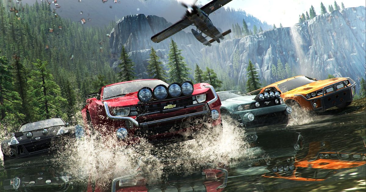 Cars driving through a forest river in The Crew while a plane flies overhead