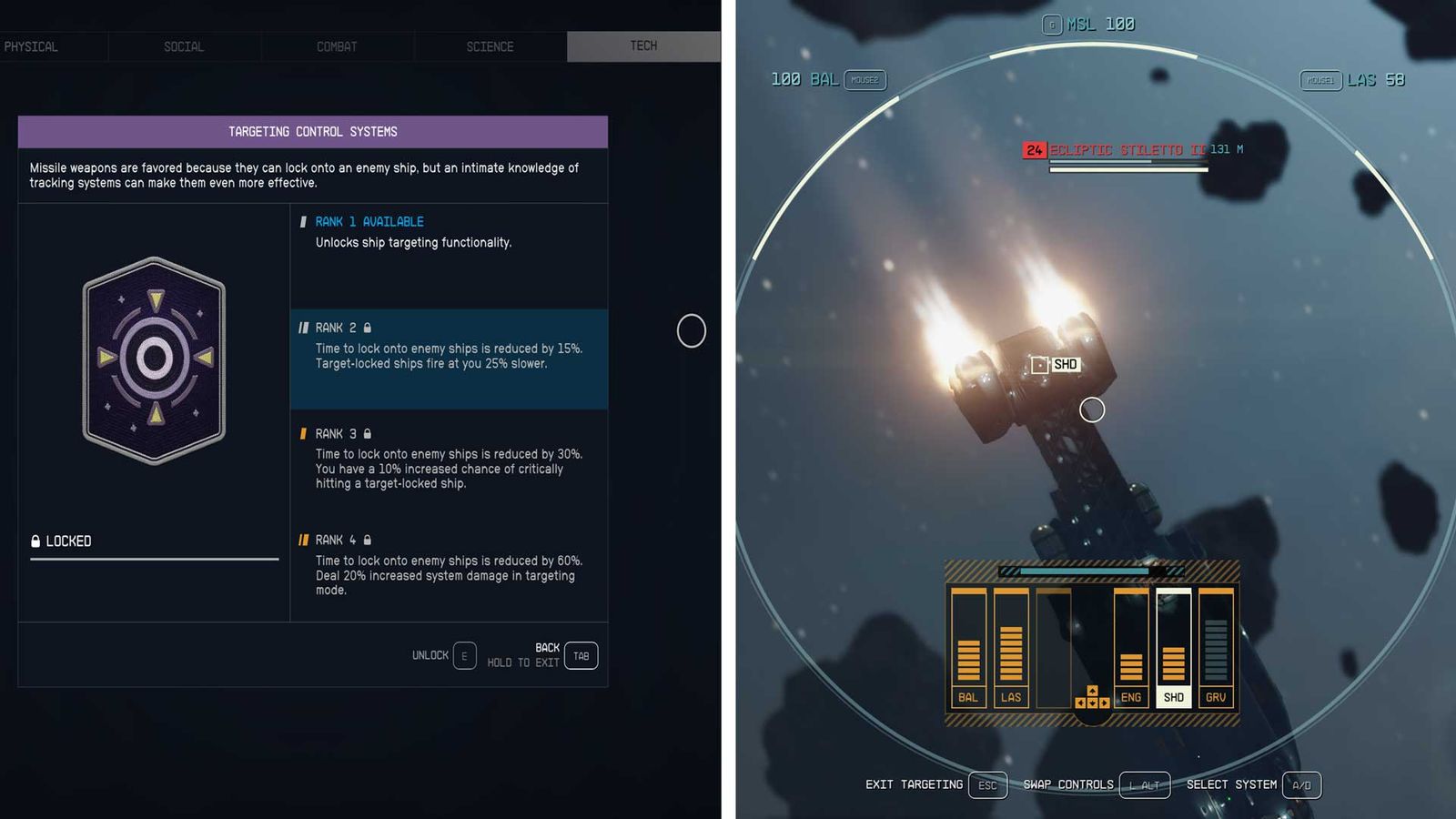 A screenshot highlighting the skill needed to target ship parts in Starfield.