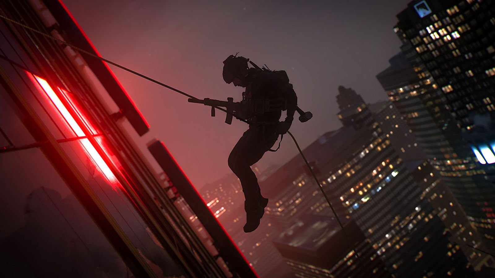 Modern Warfare 3 player abseiling down building lit with red light