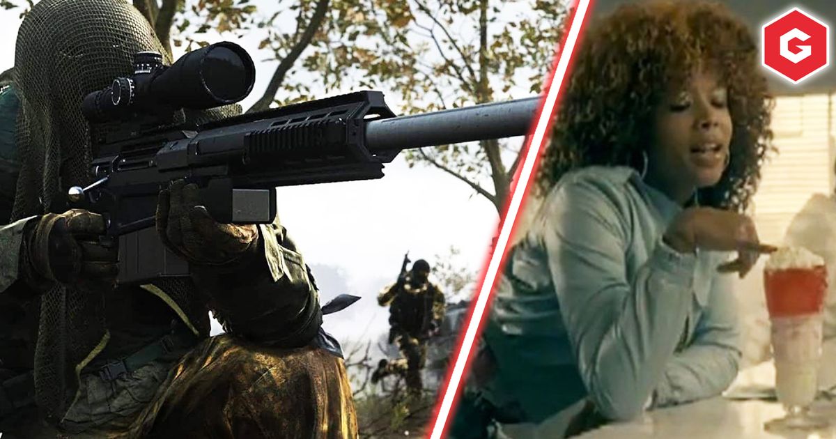 Image showing Call of Duty player holding sniper and Kelis looking at milkshake