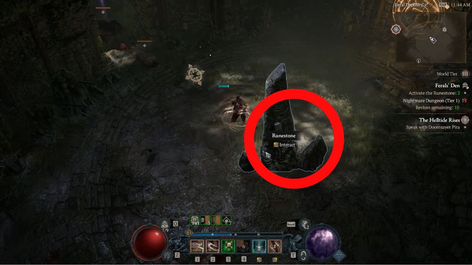 A screenshot of the Feral's Den quest with Activate Runestone objective in Diablo 4.