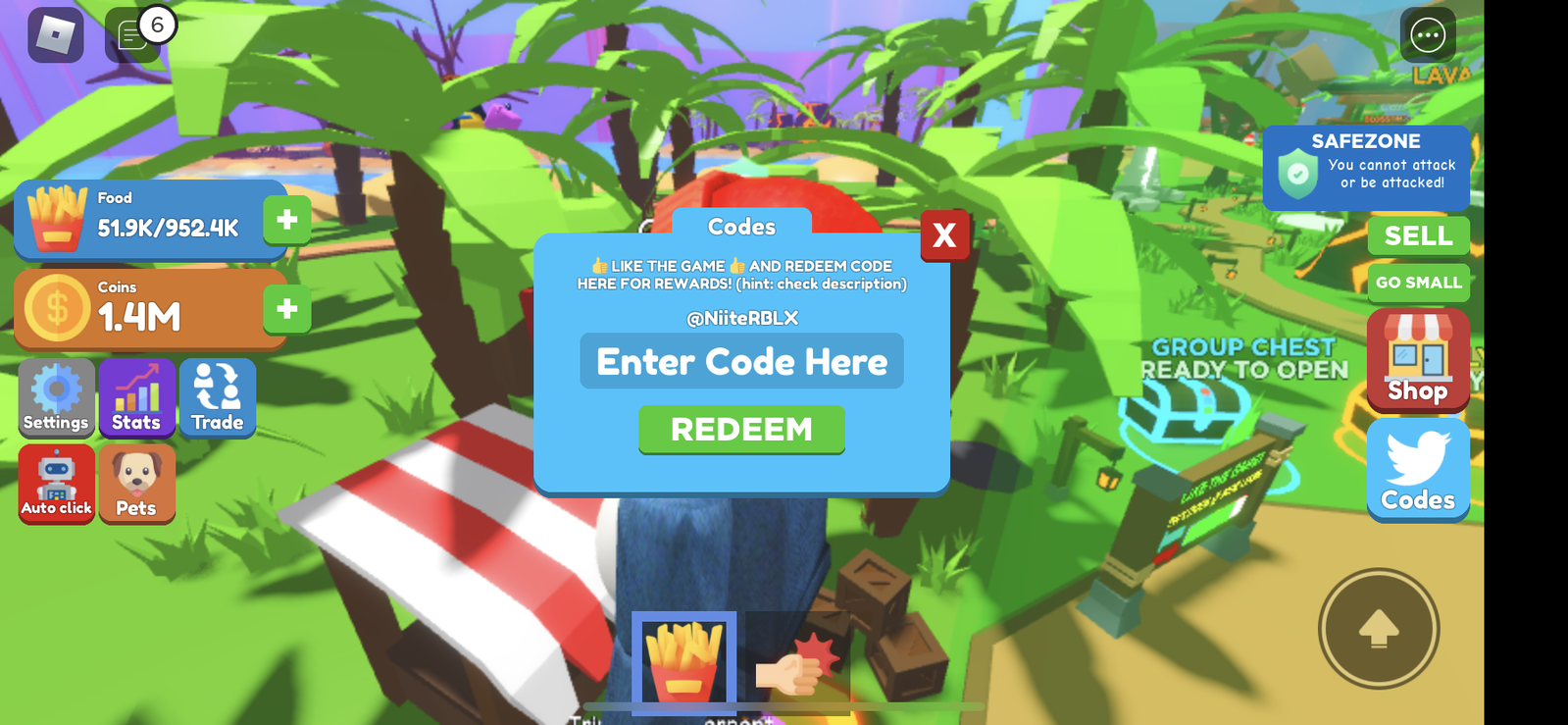Eating Simulator codes redeem screen, with a green field covered by a text box