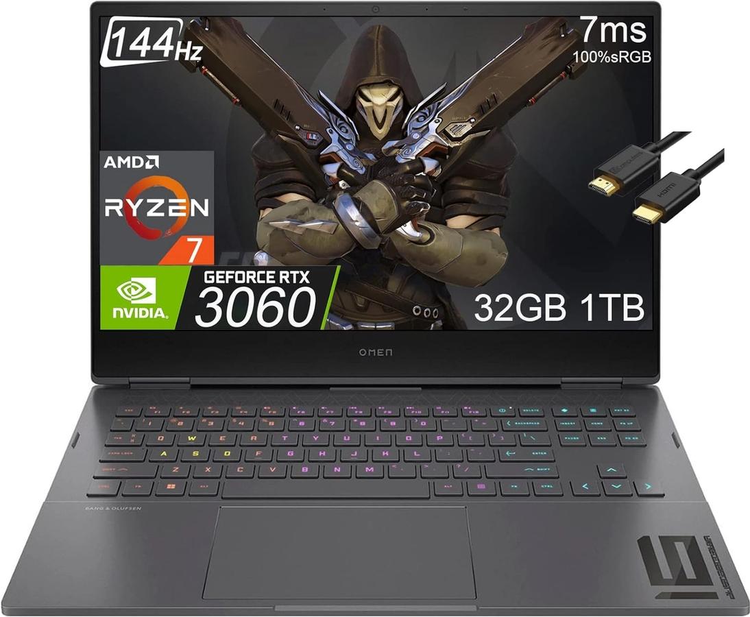 HP Omen 16 product image of a dark grey laptop featuring multicoloured backlit keys and a video game character holding two guns across their chest on the display.
