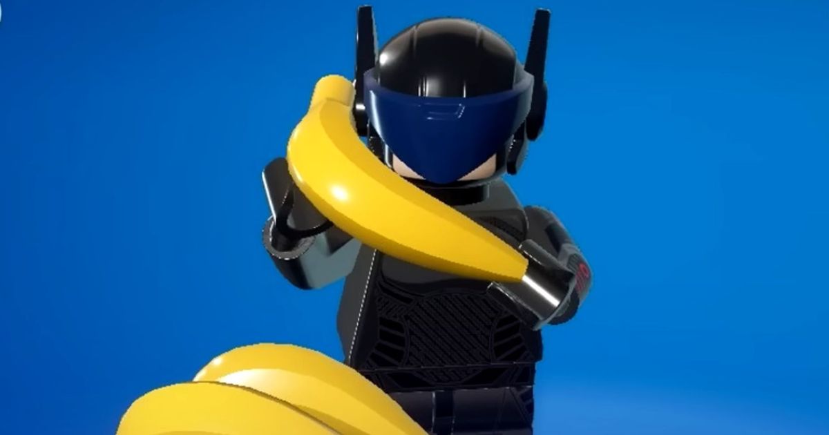 A LEGO character in Fortnite using a banana as a phone
