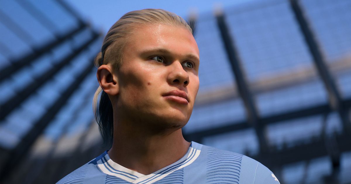 Screenshot of EA Sports FC Erling Haaland staring with stadium structure in background
