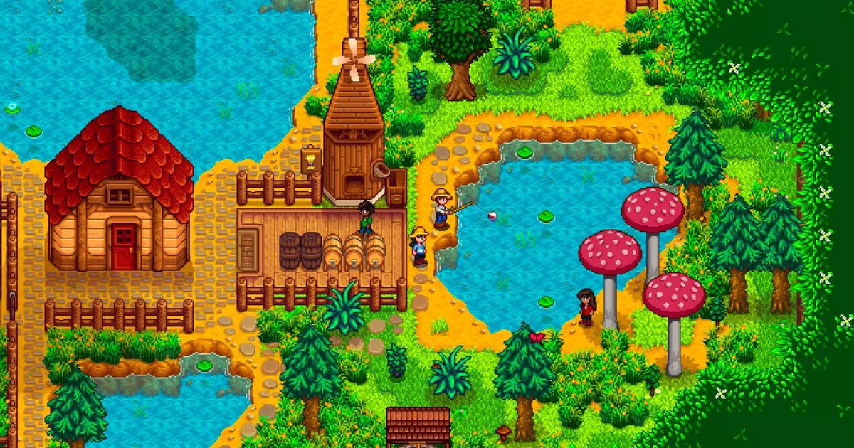 Stardew Valley farm and windmill next to small pond