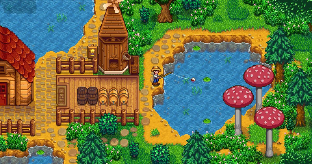 Stardew Valley player casting fishing rod in lake