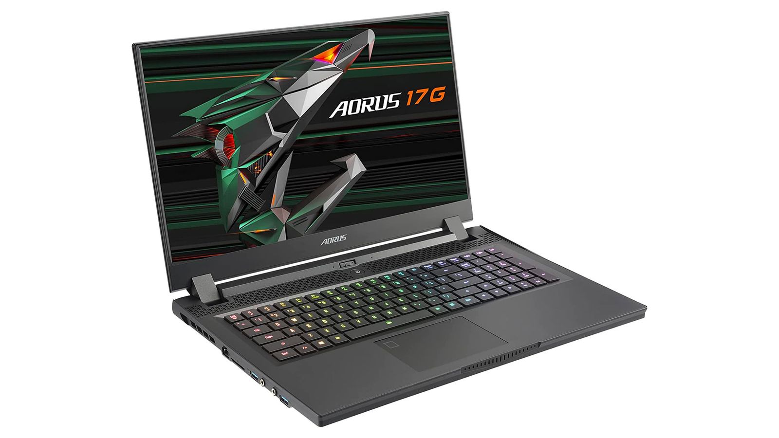 Best laptop for Modern Warfare 2 - Gigabyte AORUS 17G product image of a dark grey laptop with backlit keys and a mech animal on the display.