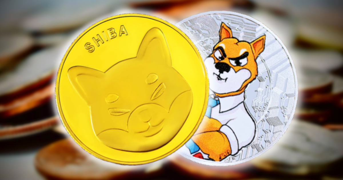 Image of a gold Shiba Inu coin on top of a silver Shiba Inu coin, on a background of smaller, blurred coins