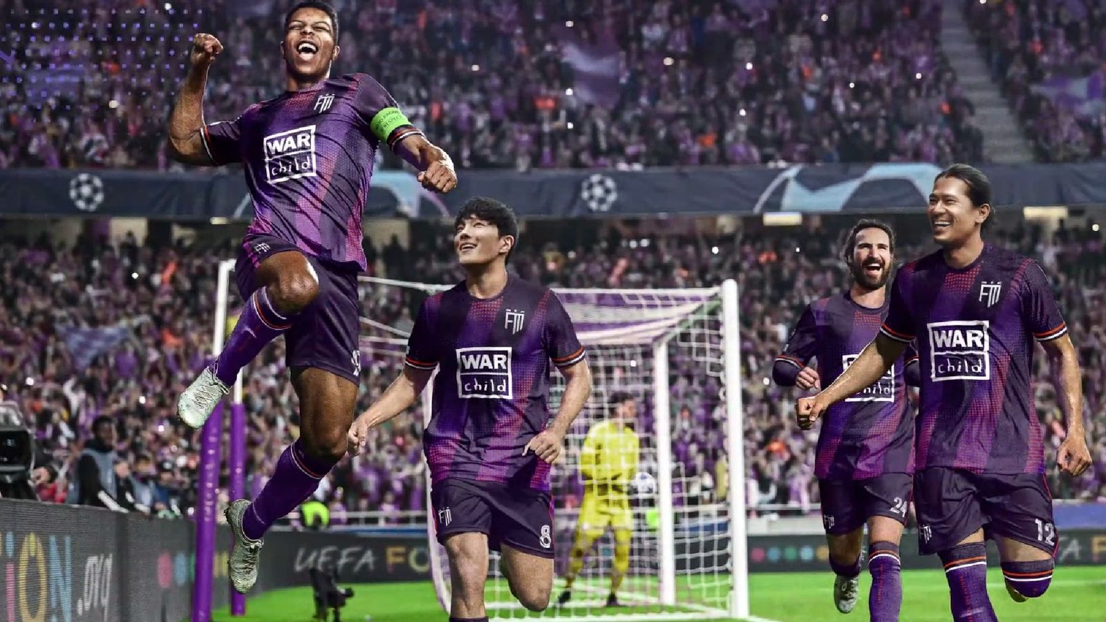 Football Manager 24: football players in purple jerseys celebrate scoring a goal