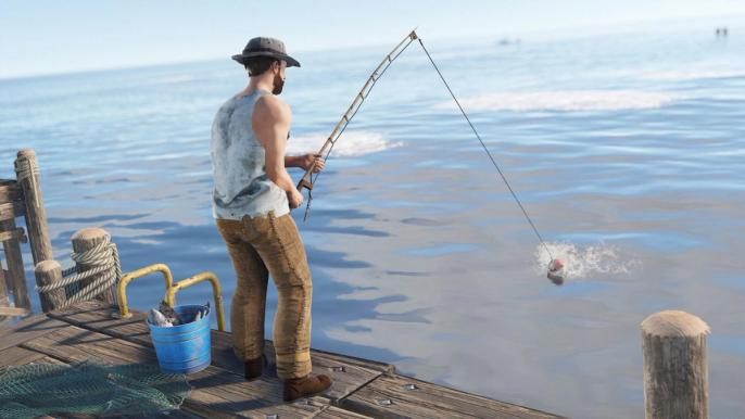 The character is fishing in Rust.
