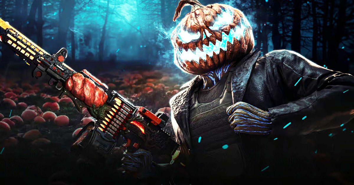 Warzone pumpkin operator skin holding rifle with haunted forest in background