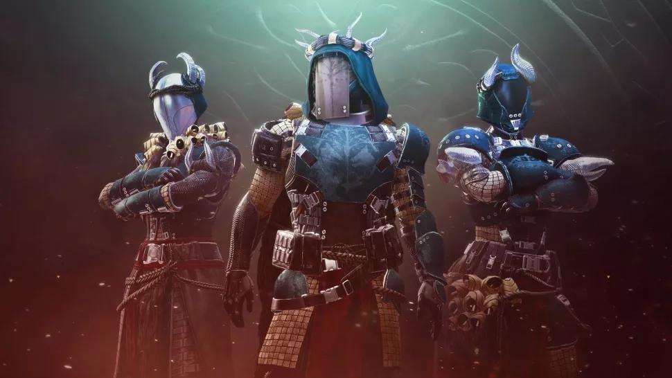 Image showing a Destiny 2 Iron Banner armour set called Iron Forerunner, worn by a Warlock, Hunter, and Titan.