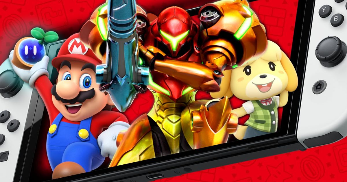 Mario, Samus Aran and Isabelle jumping out of the Nintendo Switch 2 screen.