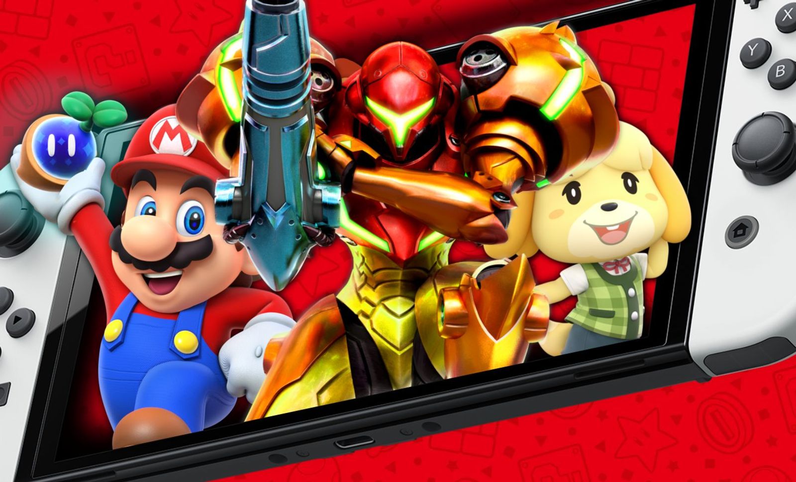 Mario, Samus Aran and Isabelle jumping out of the Nintendo Switch 2 screen.