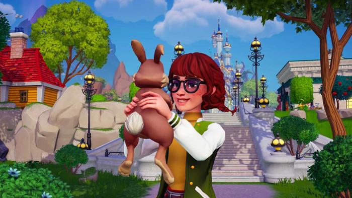 The player character holding up a rabbit in Disney Dreamlight Valley.