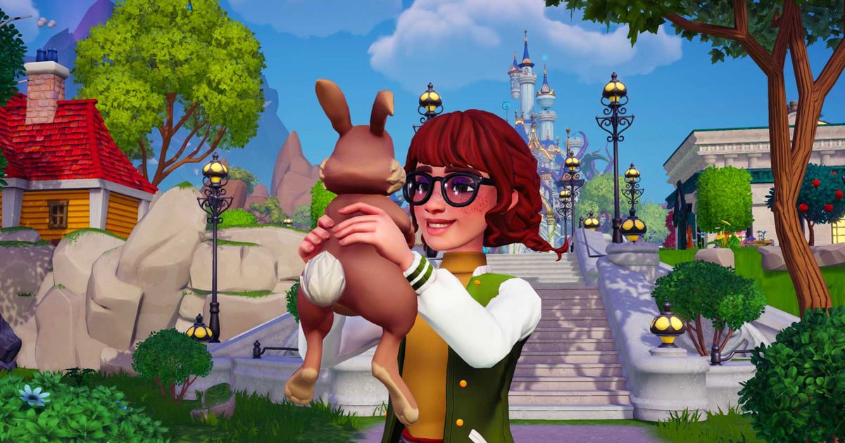 The player character holding up a rabbit in Disney Dreamlight Valley.