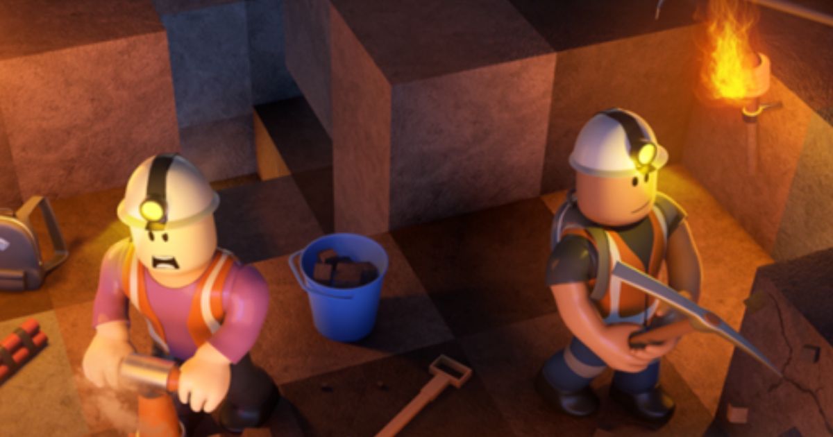 Two Roblox characters wearing hard hats in a deep underground mine