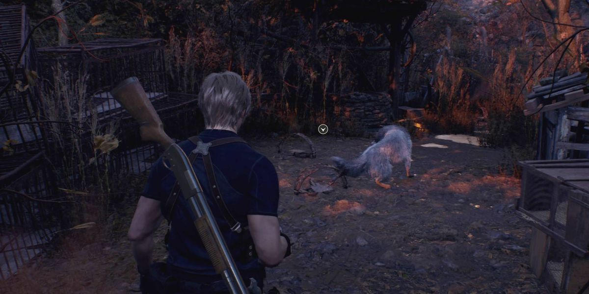 Leon S. Kennedy looking at a dog stuck in a bear trap in Resident Evil 4 remake.