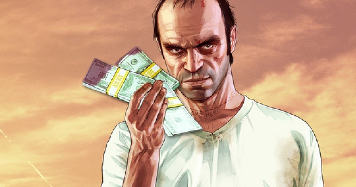 Grand Theft Auto V’s Trevor Phillips holding wads of cash while smiling