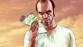 Grand Theft Auto V’s Trevor Phillips holding wads of cash while smiling
