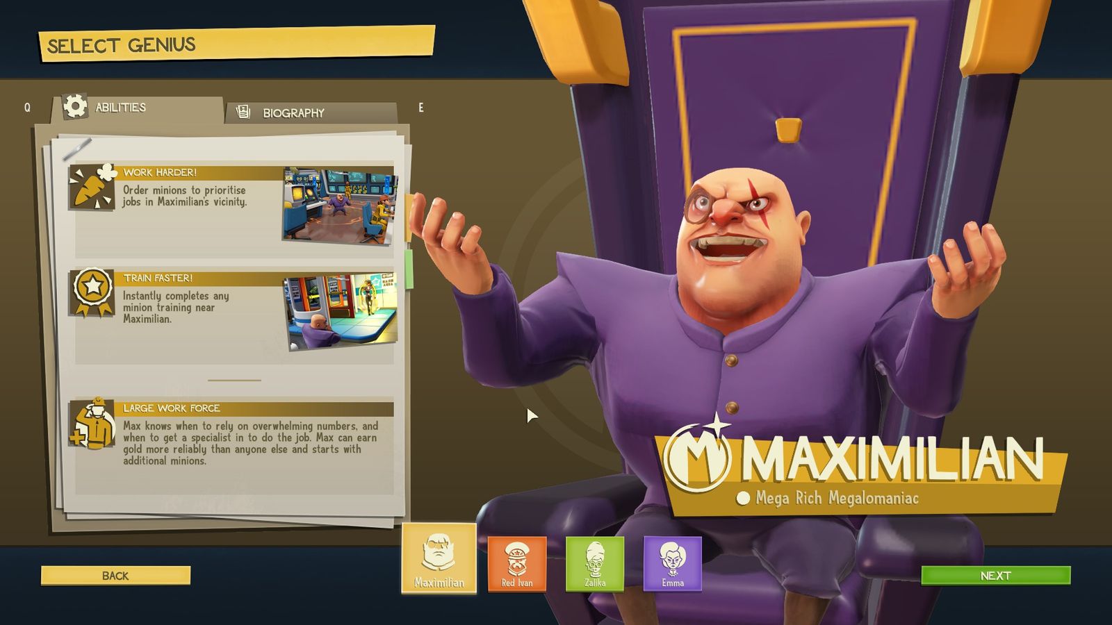 A picture of Maximilian, one of the Geniuses available to play as in Evil Genius 2