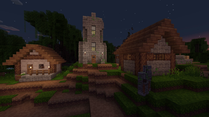 Two Minecraft houses and a church.