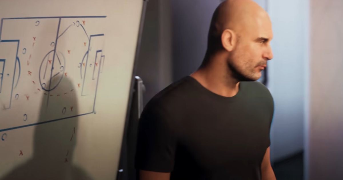 EA Sports FC 24 Pep Guardiola standing in front of whiteboard with drawings on