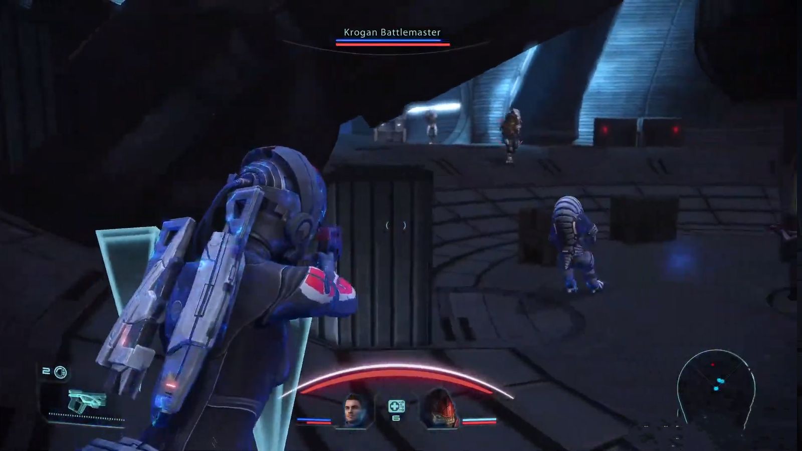 Screen shot of Mass Effect Legendary Edition. The Krogan Battlemaster is coming.