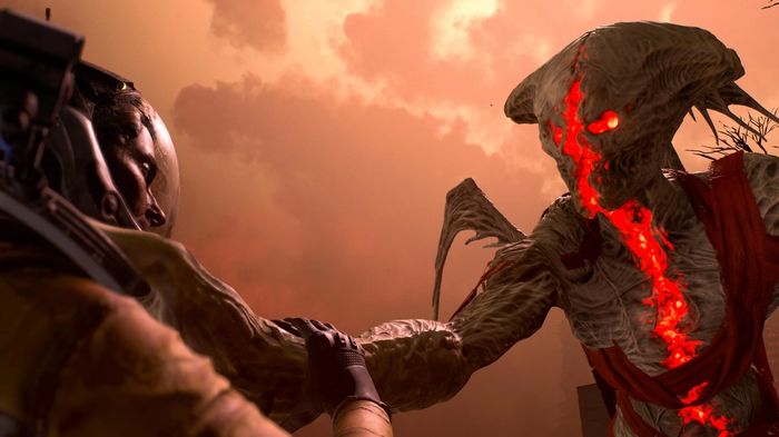 A severed enemy choking Selene. It is glowing red in the Crimson Wastes area.