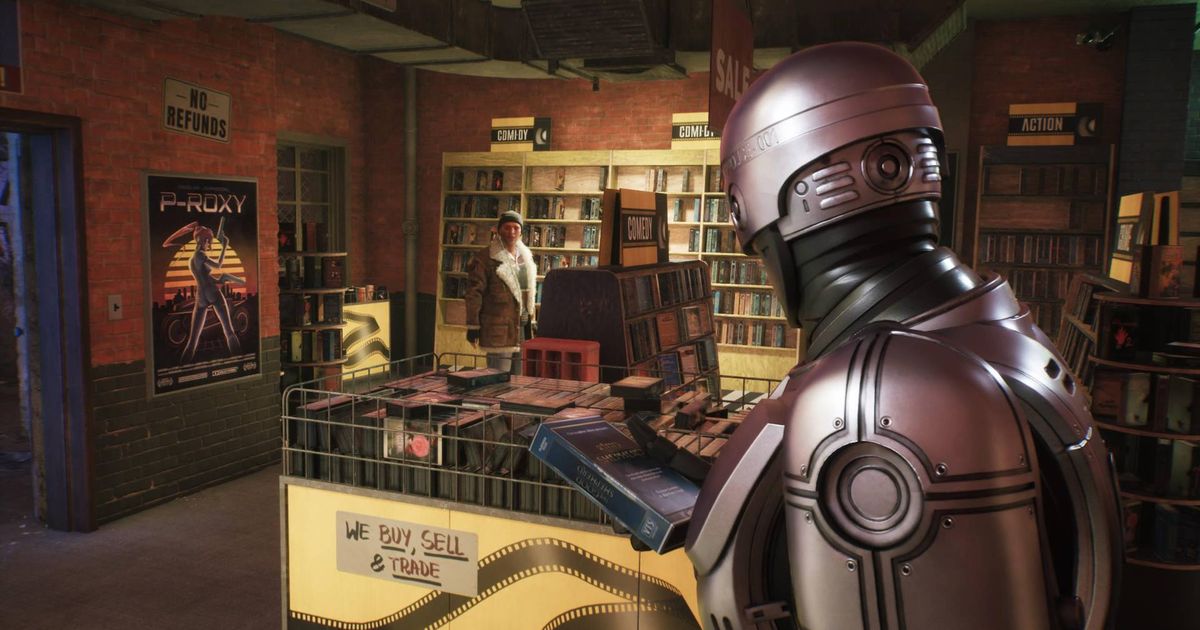 RoboCop browsing a video rental store in RoboCop Rogue City.