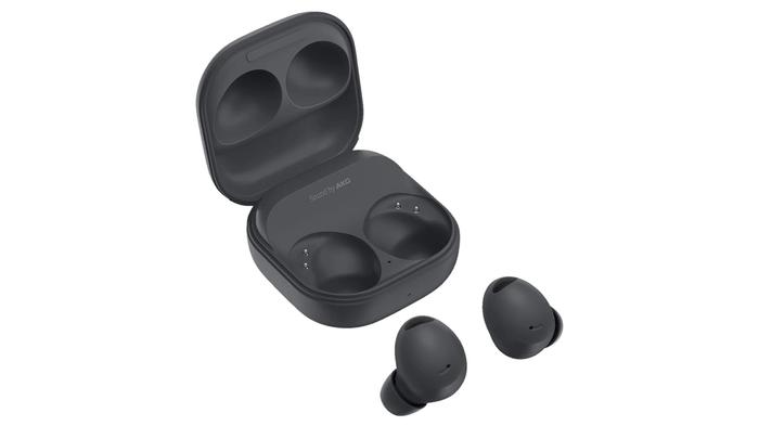 Samsung Galaxy Buds 2 Pro product image of two black wireless earbuds next to a black charging case.