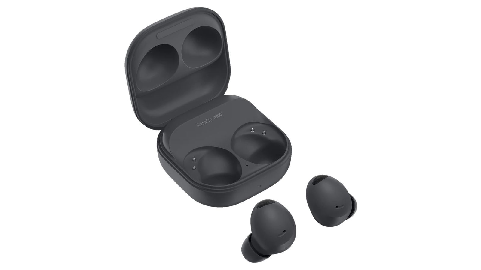 Best Android earbuds - Samsung Galaxy Buds2 Pro product image of two black wireless earbuds next to a black charging case.