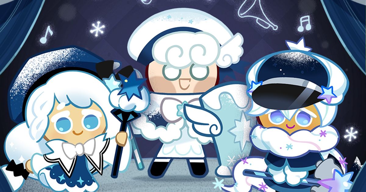 Screenshot from Cookie Run: Kingdom, showing various cookies in frosty winter clothing