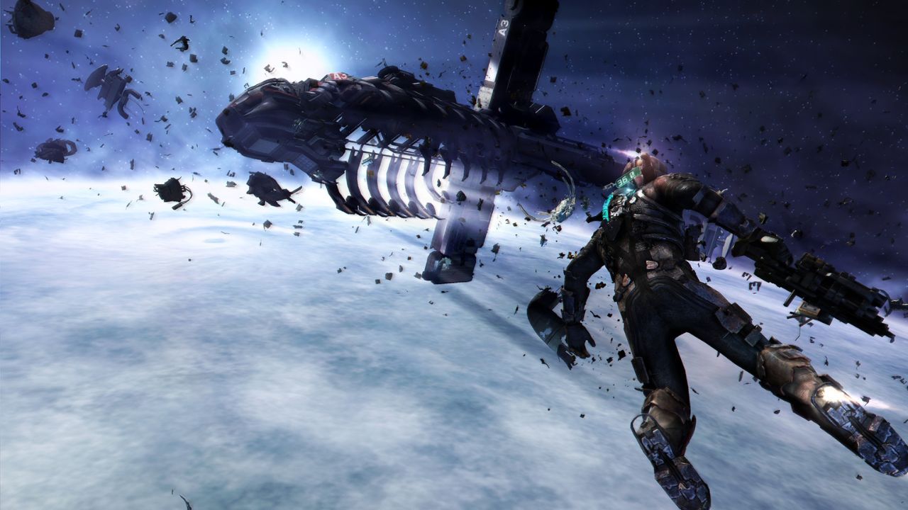 Isaac floating through space in Dead Space 3.