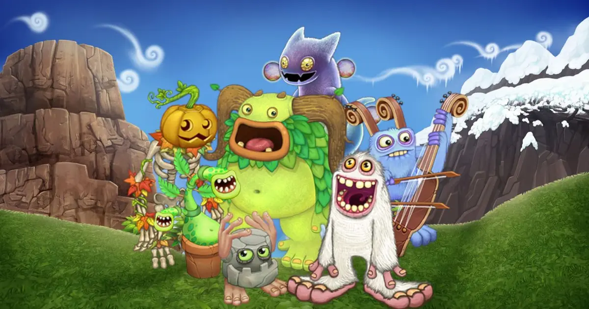 A group of singing monsters is staying next to the mountains My Singing Monsters.