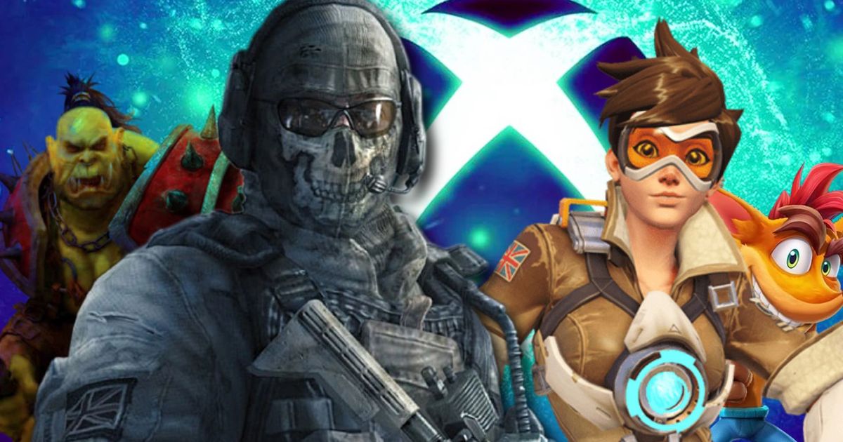 Activision Blizzard characters in front of Xbox logo in background