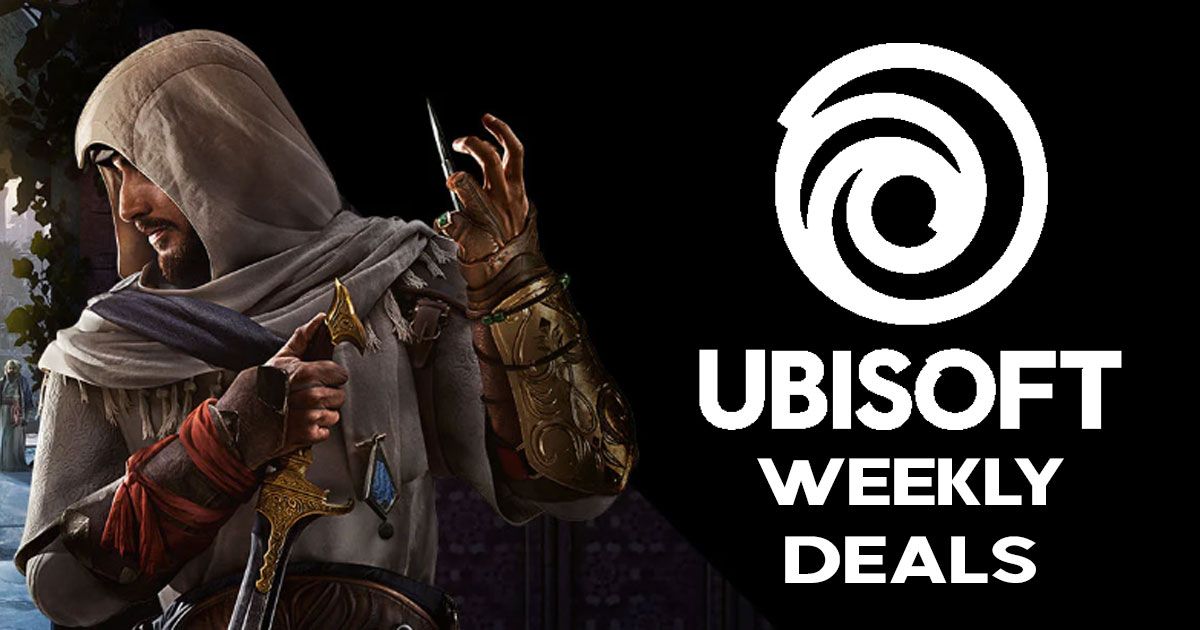 Character from Assassin's Creed in a white hood next to the Ubisoft logo in white.