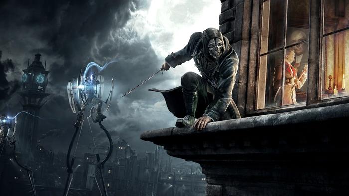 A promotional image for Dishonored, showing assassin Corvo Attano perched on a rooftop, his target stands inside through a window. 