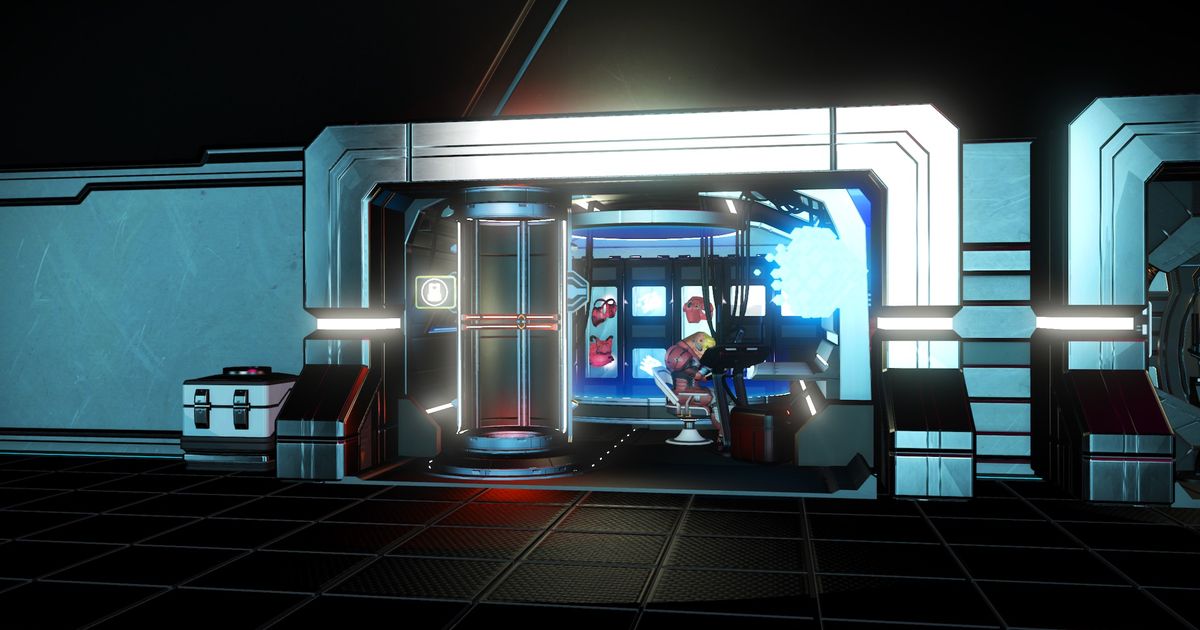 The vendor, in a Space Station of No Man's Sky, where players can buy Exosuit upgrades and increase their storage capacity.