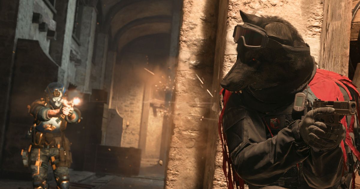 Screenshot showing Warzone player dressed as wolf holding pistol and taking cover from Warzone player in the background