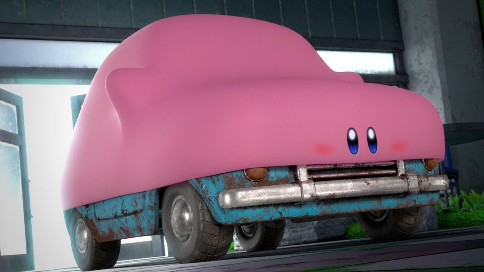 Image of Kirby swallowing a car in Kirby and the Forgotten Land.